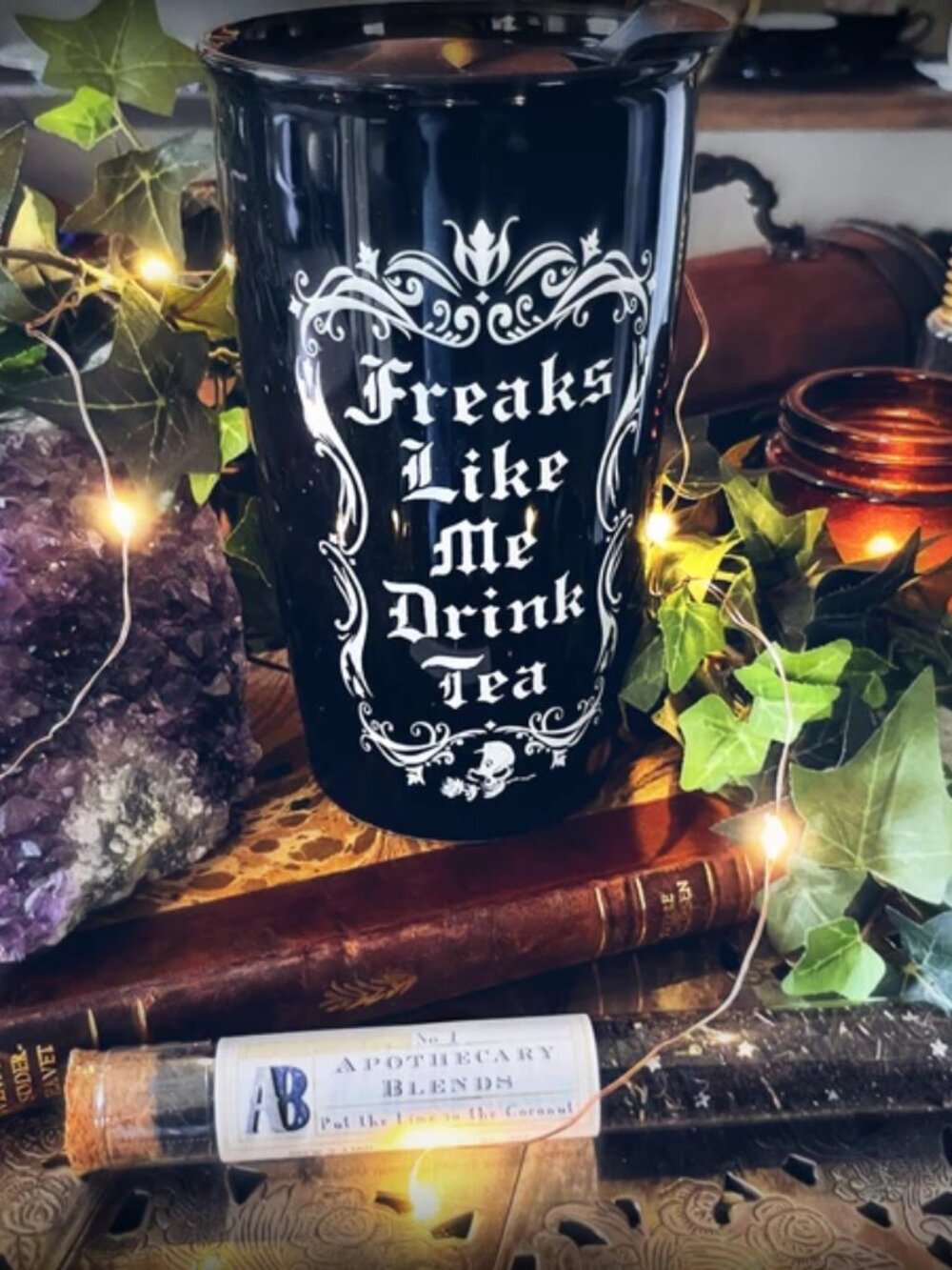 Alchemy Gothic ✦ Freaks Like Me Travel Mug ✦ Ceramic Double-Wall Tumbler NWT